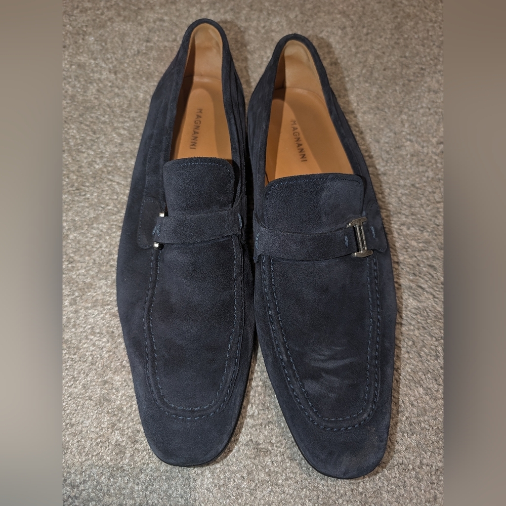 Magnanni Navy Suede Penny Loafers with Silver Bit size 10.5